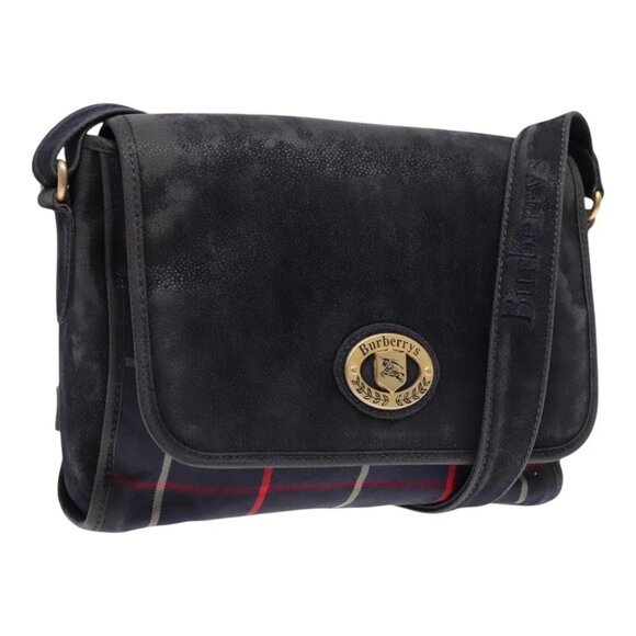 Burberrys Nova Check Shoulder Bag Canvas Navy Gold Auth 92324 - Picture 1 of 16
